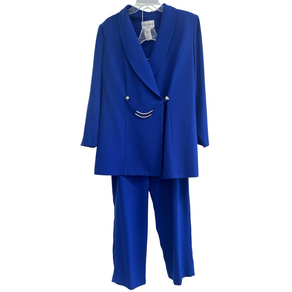 Vintage 90s Pants Suit Blazer Dress Trousers Blue Silver Chain Formal Size 16W - Picture 4 of 16